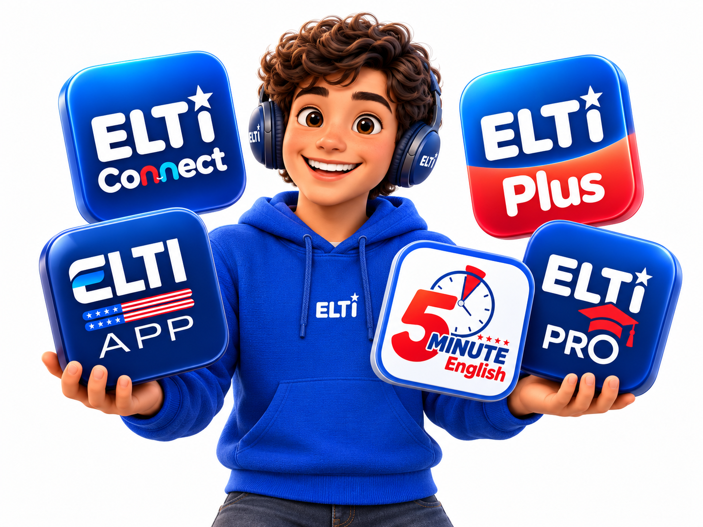 Personagem ELTI apresentando ELTI Connect, ELTI Plus, ELTI App, Five Minute English e ELTI Pro
